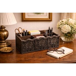 Vintage LERNER Carved Faux Wood Letter Holder Mail Organizer Desk Floral